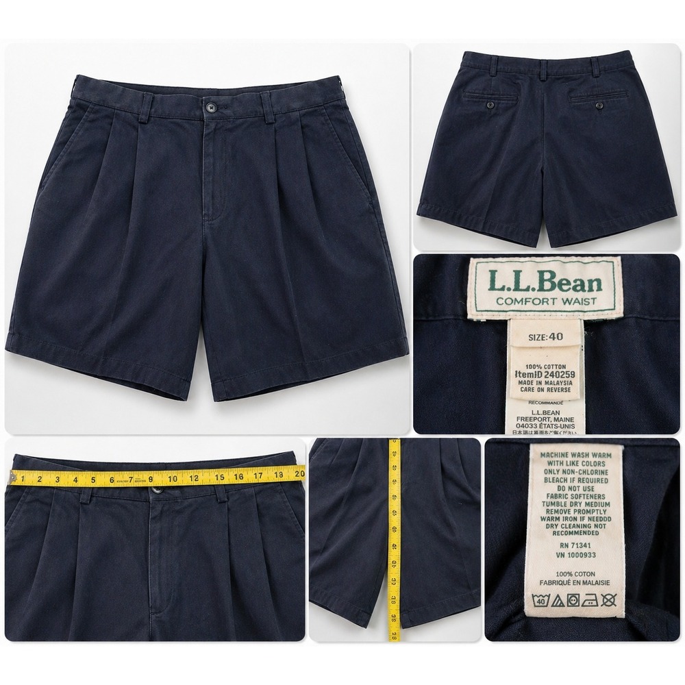 L.L.Bean Mens Shorts 40 Navy Comfort Waist Pleated Cotton Classic Fit
